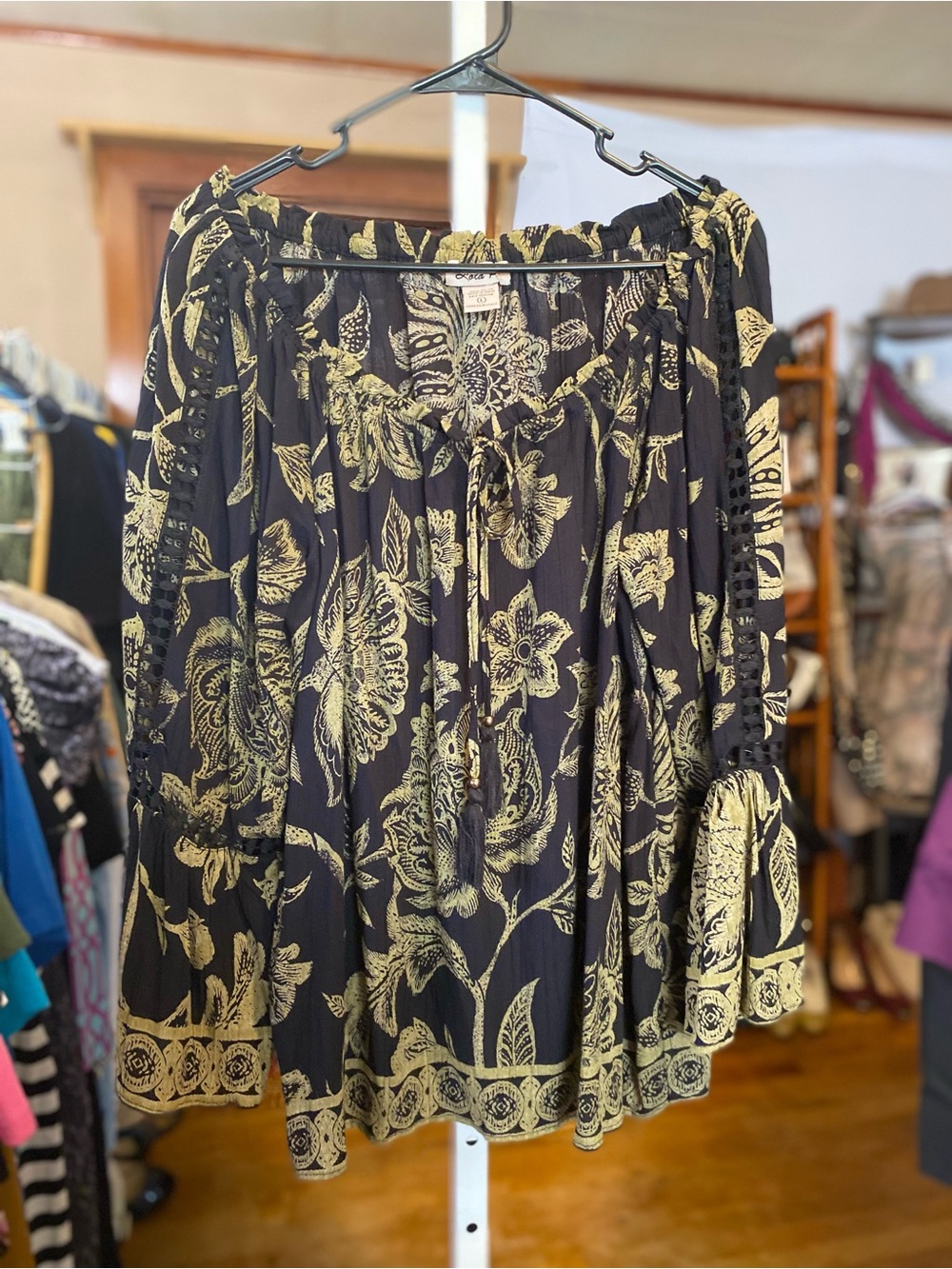 Boho Floral Peasant Blouse - Black and Cream